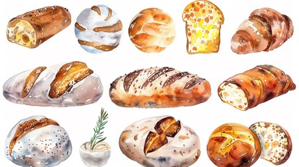 Artisan bread with unique shapes,Clipart, watercolor illustration, Perfect for nursery art The style is hand  drawn, white background