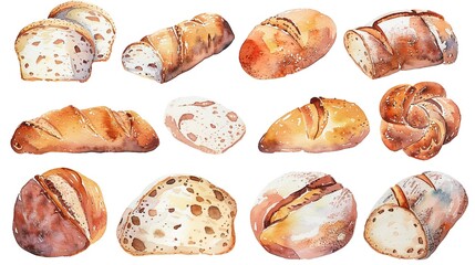Artisan bread with unique shapes,Clipart, watercolor illustration, Perfect for nursery art The style is hand  drawn, white background