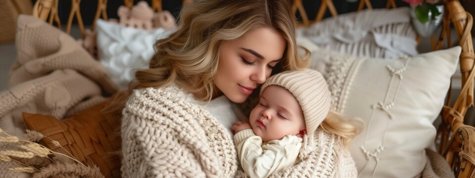 Mother with newborn baby.  Baby with mommy.  Happy motherhood.  Family values.  Lifestyle.  Infancy - Powered by Adobe