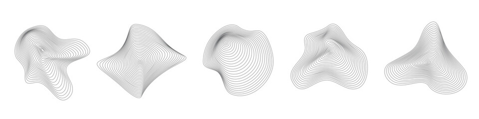 Abstract organic ripple line shape pattern vector set. Topography circles. Liquid irregular rings. Fluid geometric shapes. Dynamic wavy black forms isolated on white background. Graphic flow elements