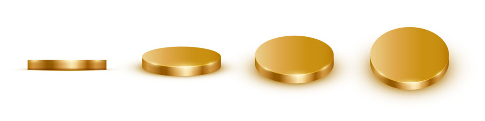 Gold podiums. Golden 3d round metal platforms for product presentation or winner award ceremony in different angles view. Set of luxury empty stages on white background. Realistic vector illustration.