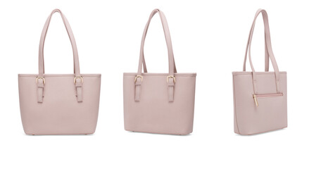 Group of women's fashion beige purse handbag isolated on white background. Pink leather unisex casual shoulder bag. High resolution photo product - Stock photo