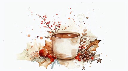 Coffee cup with a holiday-themed decoration,Clipart, watercolor illustration, Perfect for nursery art The style is hand  drawn, white background