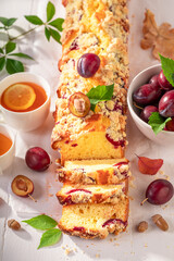 Homemade and tasty plum yeast cake made local fruits.