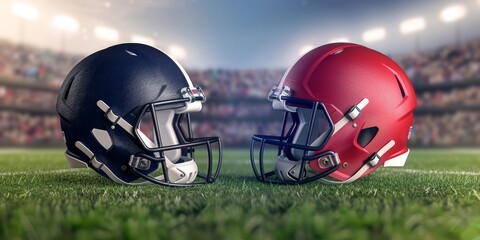 Fototapeta premium Two Football Helmets Facing Each Other – Abstract Digital Background
