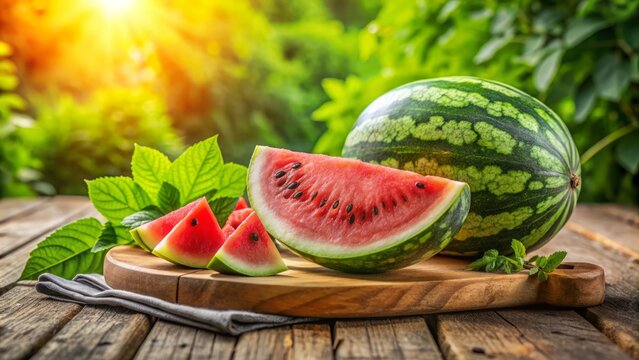 Freshly cut watermelon on a rustic wooden table, with a portion of the green rind still attached, surrounded by refreshing summer atmosphere and warm natural light.