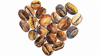 Fototapeta premium Coffee beans arranged in a heart shape,Clipart, watercolor illustration, Perfect for nursery art The style is hand drawn, white background