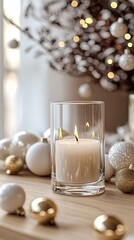 Blank clear straight candle glass on a minimalist wooden table with simple white and gold decorations, modern minimalist Christmas mockup, refined and understated