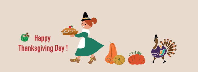 Decorative design Thanksgiving with seasonal elements, girl and turkey. For banners, cards, posters and invitations.