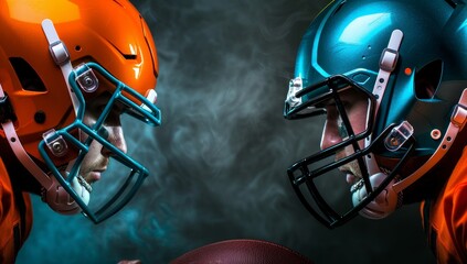 Naklejka premium Two Football Helmets Facing Each Other – Abstract Digital Background