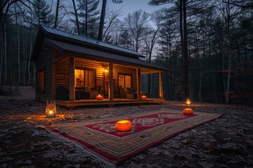 Obraz premium Cozy Autumn Evening at a Rustic Cabin Surrounded by Fall Foliage and Lanterns