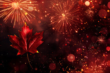 Holiday sky with fireworks and flag of Canada, independence day