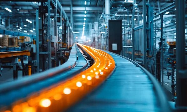Automated manufacturing facility with glowing conveyor belt