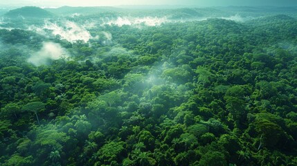 Lush green rainforest with mist rising at dawn, showcasing diverse plant life and tranquil scenery in a remote area