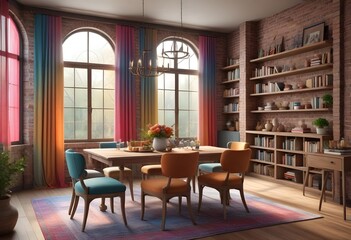 A living room with a blue wall and a painting of a bird on the wall Photo modern style interior room 3d illustration