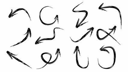 Bundle of arrow icons in different directions. Ink scribbles vector illustration set
