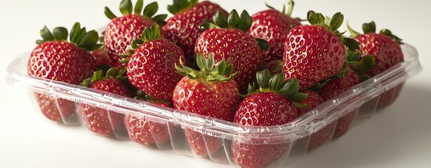 A fresh and vibrant collection of strawberries displayed in a transparent container, perfect for healthy eating and desserts.