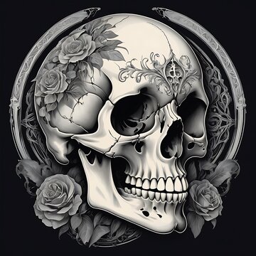 recommend clip art: a skull with flowers on it's head and a black background with a black background and a white skull with flowers on it's head. Generative AI