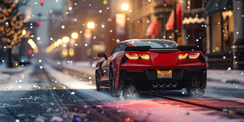 A dynamic urban night scene featuring a stylish and sleek red sports car in motion