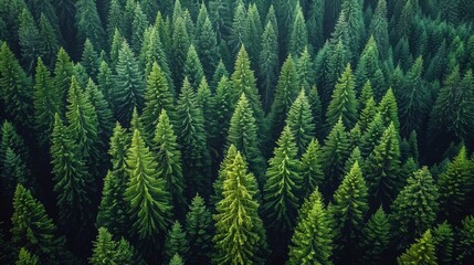 Lush evergreen forest viewed from above, showcasing dense pine trees in vibrant green hues during daylight