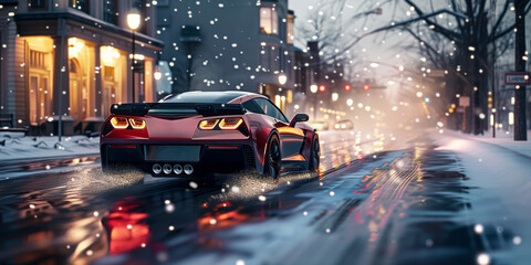 A dynamic urban night scene featuring a stylish and sleek red sports car in motion