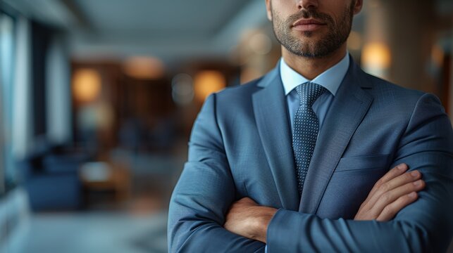 Professional man in a suit stands confidently with arms crossed in a modern office setting during the day