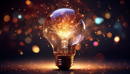 A glowing light bulb radiating energy and creativity amidst a backdrop of shimmering sparks.