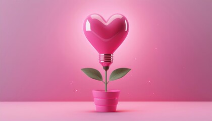 A whimsical pink heart-shaped light bulb sprouting from a pot, symbolizing love, creativity, and warmth in a vibrant setting.