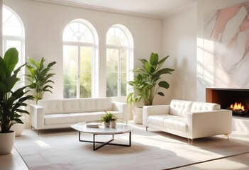 A living room with a blue wall and a painting of a bird on the wall Photo modern style interior room 3d illustration