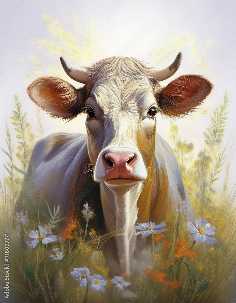 Wall mural cow in the meadow in summer