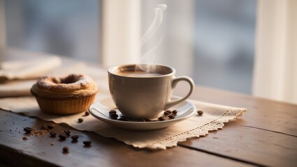 White coffee cup with heart shape design on it and intricate Espresso Latte art on white wooden table with steam coming out, with copy space, International Coffee Day, 1st October, tea celebration