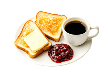 A plate featuring toasted bread with butter, fruit jam, and a steaming cup of coffee isolated on white transparent background.