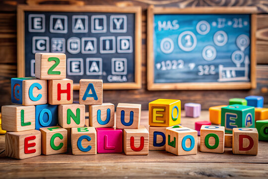 Colorful wooden blocks with letters and numbers scattered on a blurred chalkboard background, symbolizing playful and interactive early childhood education and curriculum development.