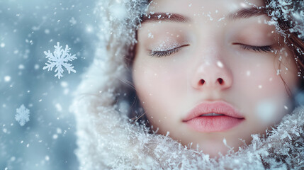 A serene and close-up portrait of a woman with her eyes closed, surrounded by delicate, glistening snowflakes. blurred background. Place for inscription