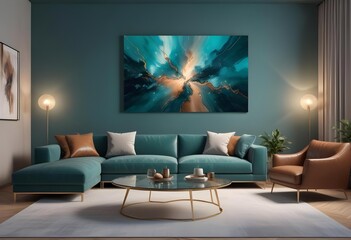 A living room with a blue wall and a painting of a bird on the wall Photo modern style interior room 3d illustration