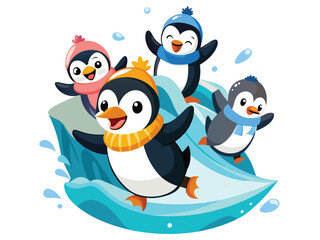 a group of cheerful penguins sliding on ice.eps