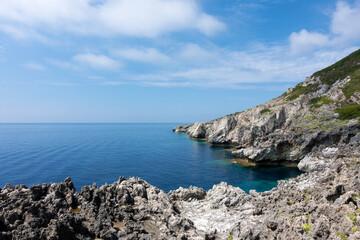 Amazing rocky formations and gorgeous sea waters of the south coastline in Othonoi island, Greece