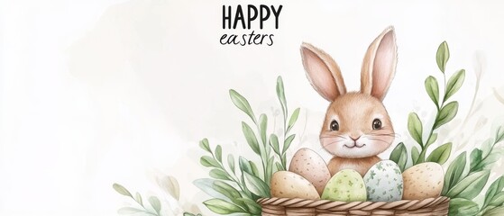 Obraz premium watercolor, cute easter bunny and eggs in wicker basket, pastel colors, with text 