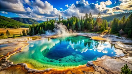 Majestic geothermal mist rises from vibrant turquoise hot springs amidst lush green forests and rugged stone formations in America's iconic national park landscape.