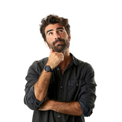 Bearded man looking up isolated on a transparent background for web, banner, wallpaper