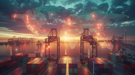Fototapeta premium Container port at sunset with a glowing world map superimposed.