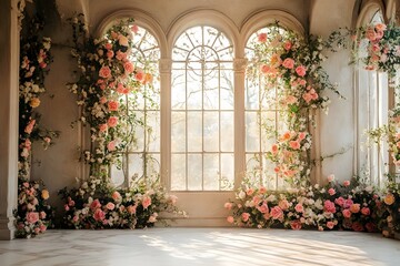 Background wedding luxurious white room with flowers and sunshine through the windown generate AI