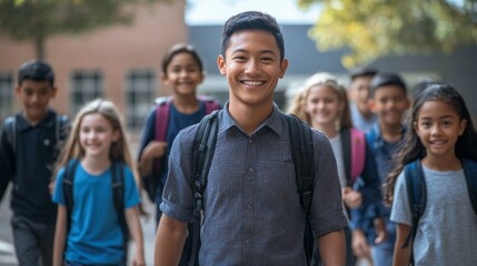 Fototapeta premium A group of young people are smiling and walking together
