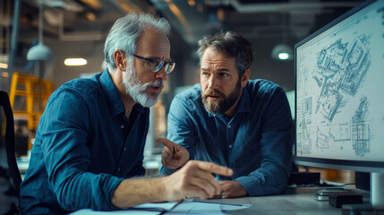 Architects actively discuss details and work together on a project, brainstorming and working together on a project