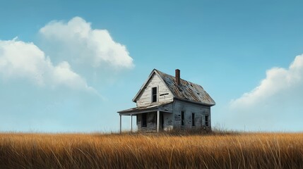 derelict house with a collapsing roof and boarded-up windows is surrounded by empty lots and tall grass. 