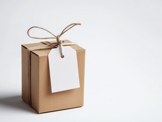 White Paper Hangtag Attached to Brown Box on White Background Generative AI