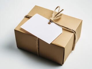 White Paper Hangtag Attached to Brown Box on White Background Generative AI