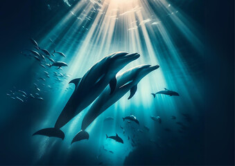 art of dolphins swimming in the sea