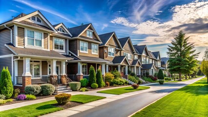 Modern suburban neighborhood with rows of identical two-story houses, manicured lawns, and tree-lined streets, representing peaceful residential facilities and community living.