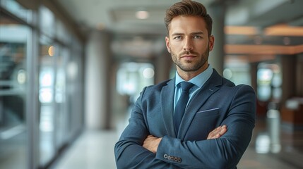 Professional man posing confidently in a modern office environment during daytime